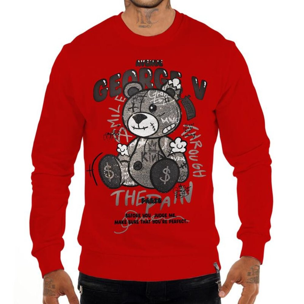 Avenue George V Paris Men's Red Sweatshirt Teddy Bear Rhinestone 2XL